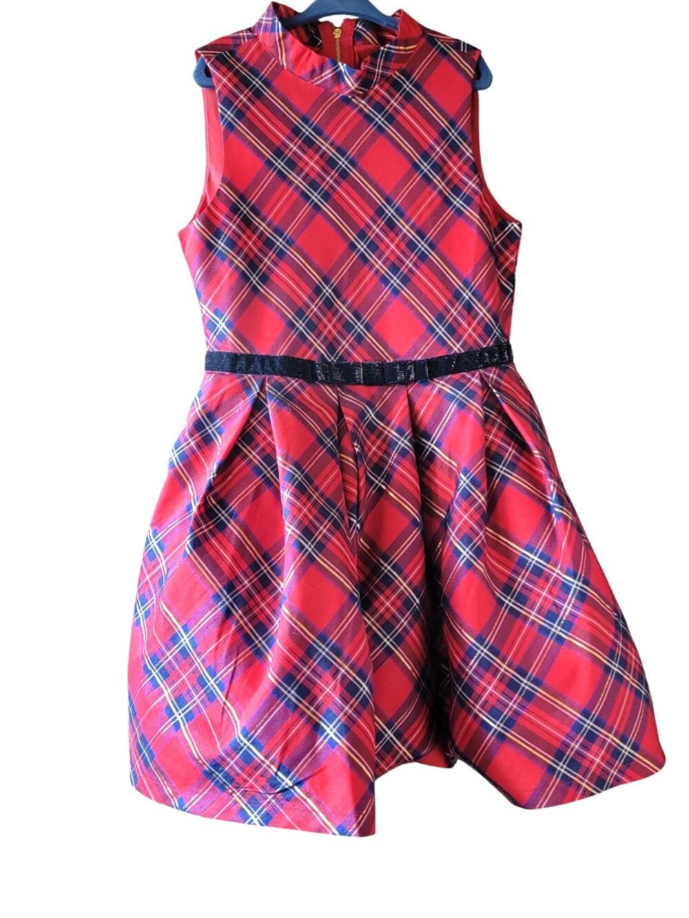 American Girl Red Plaid Sleeveless Party Dress With Velvet Bow Belt Size 7